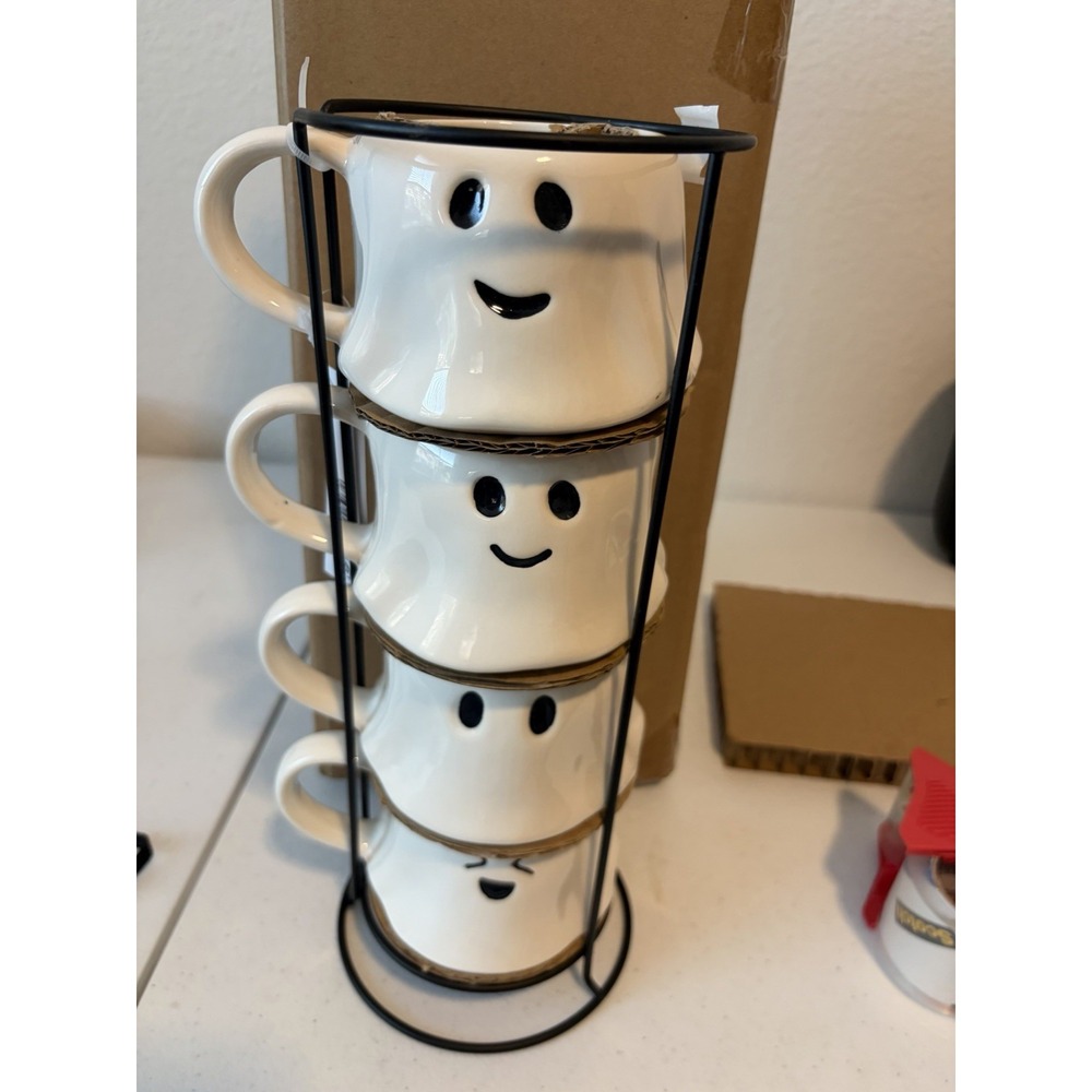 Ceramic Set Of 4 Ghost Mugs With Black Stand